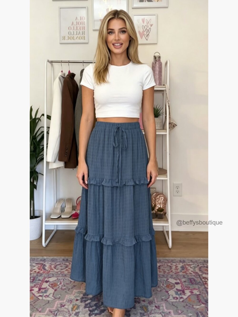 Elegant High Waist A-Line Midi Skirt Flowy Tiered Ruffle Long Skirt - Picture 7 of 7